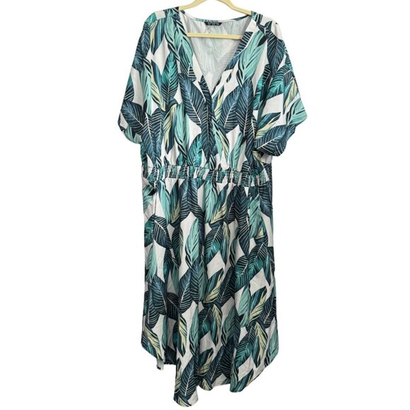 Bloomchic Plus Size US 26 Green Leaf Print Dress V-Neck Short Sleeve - Picture 1 of 12